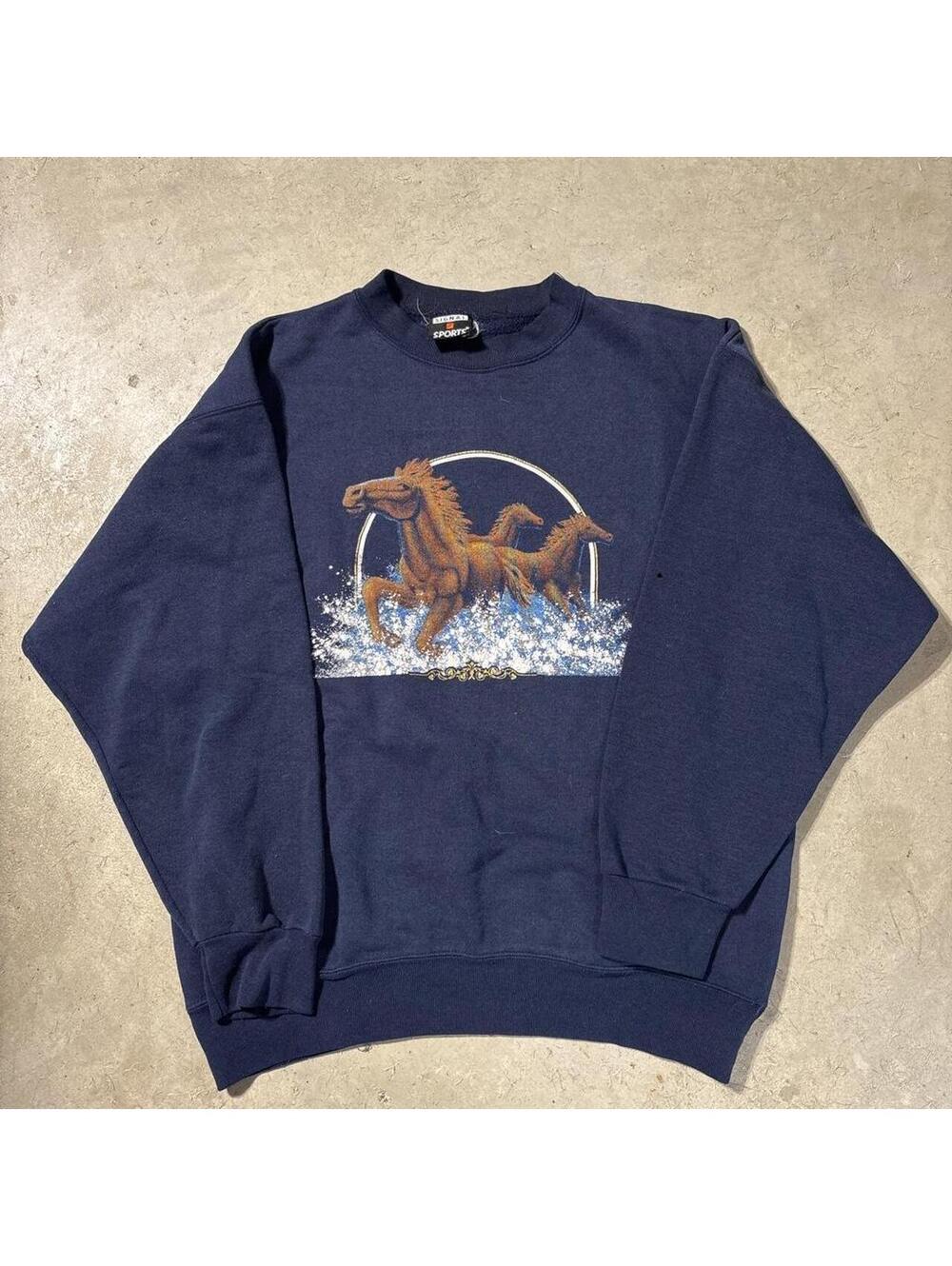 Vintage 90s Signal Sports Wild Horses Navy Sweatshirt Men's Large Western